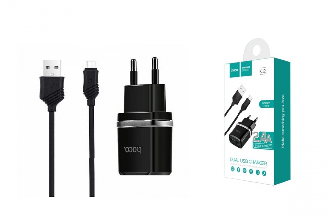 Сетевое зарядное устройство 2 USB 2400 mAh + кабель micro USB HOCO C12 черный
