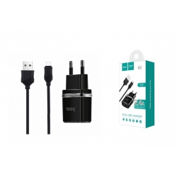 Сетевое зарядное устройство 2 USB 2400 mAh + кабель micro USB HOCO C12 черный